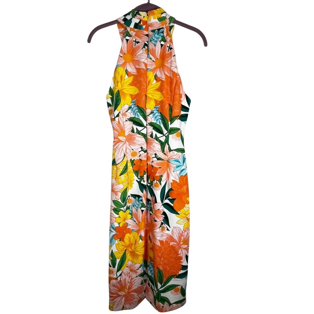 Colorful Floral Halter Maxi Dress Orange M Tropical Resort Bodycon Cottage 90s - Picture 2 of 13